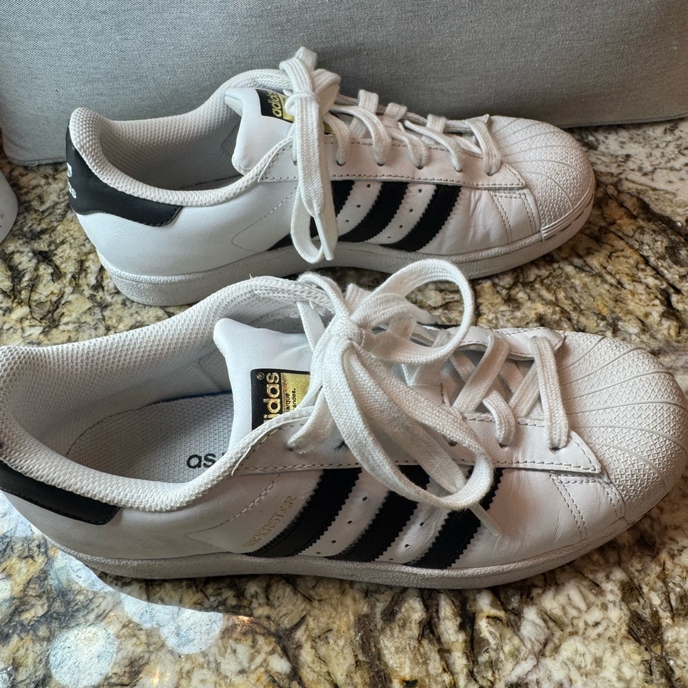 Adidas Superstar Sneakers in White and Black with Gold Accent